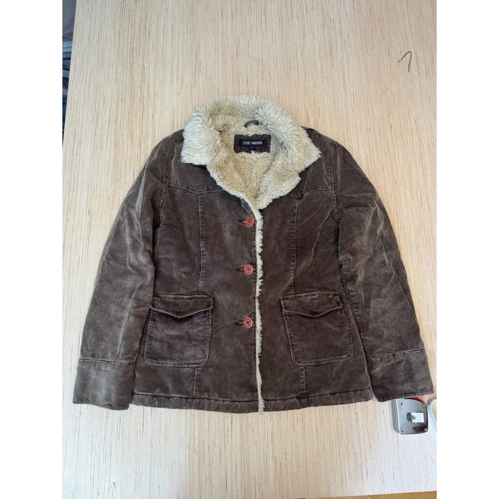 Steve Madden Brown Corduroy Faux Fur Lined Jacket Women Medium Button Coat 41